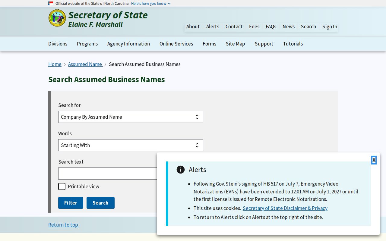 Cary people directories screenshot of the North Carolina assumed-name search