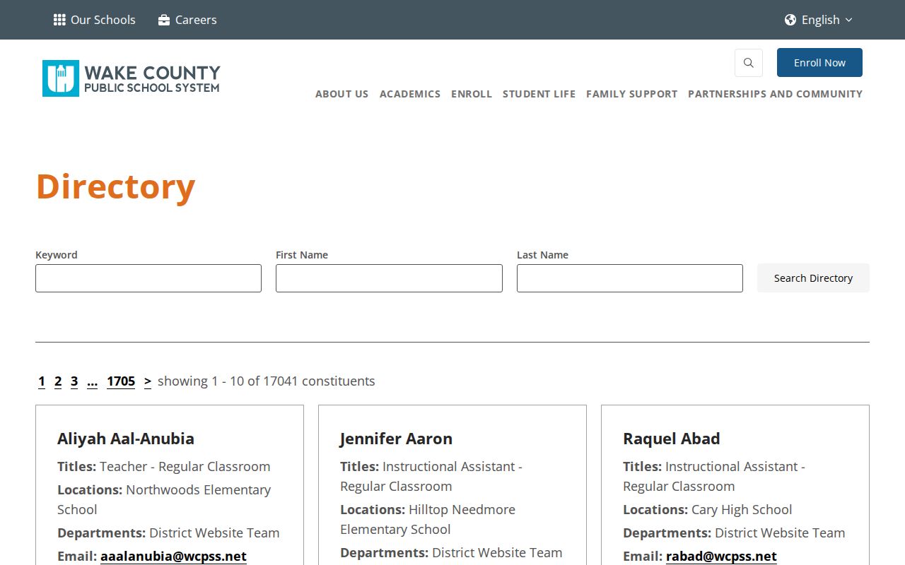 Cary people directories view of the Wake County schools personnel search