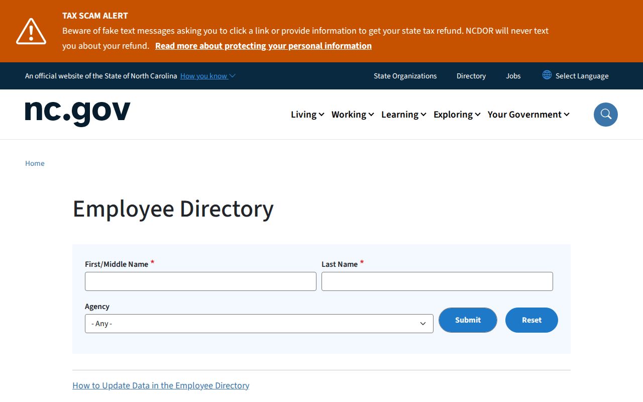 Cary people directories screenshot of the North Carolina employee search