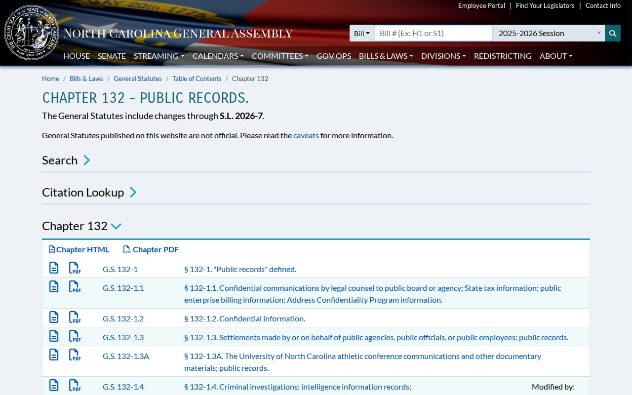 Cary public records statutes in North Carolina Chapter 132