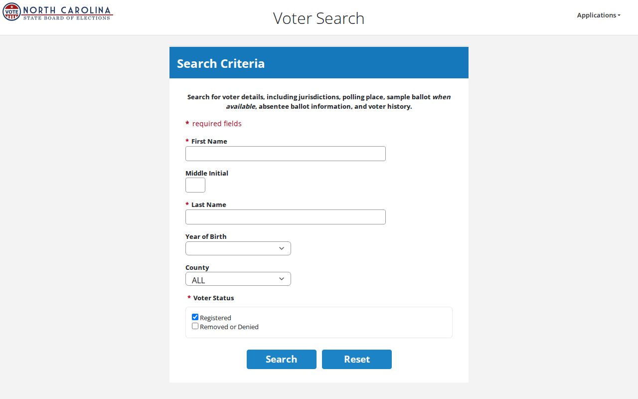 Cary voter registration records search fields in the North Carolina voter lookup